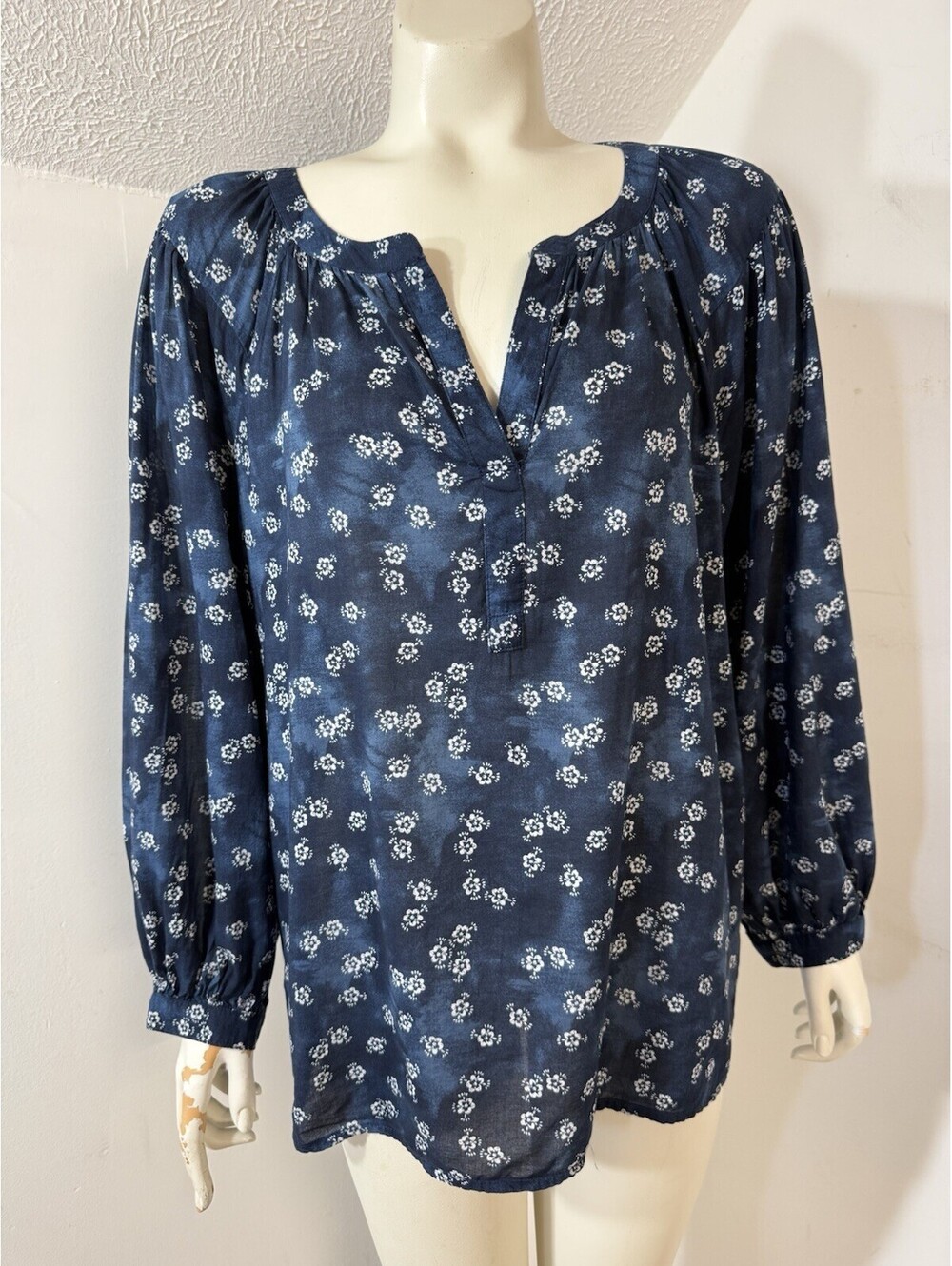 Style Co Womens Large Top Boho Peasant Dark Blue Flower Print Yneck Loose Fit